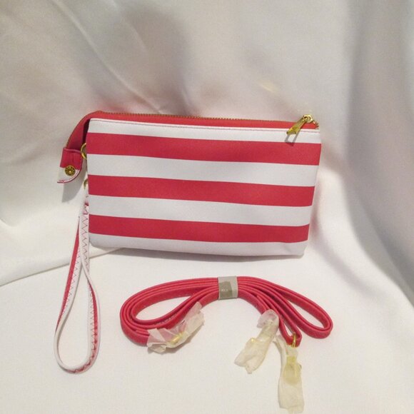 PINK AND WHITE STRIPED WRISLET CLUTCH PURSE PREPPY COASTAL VACATAION SUMMER CHIC - Picture 1 of 12